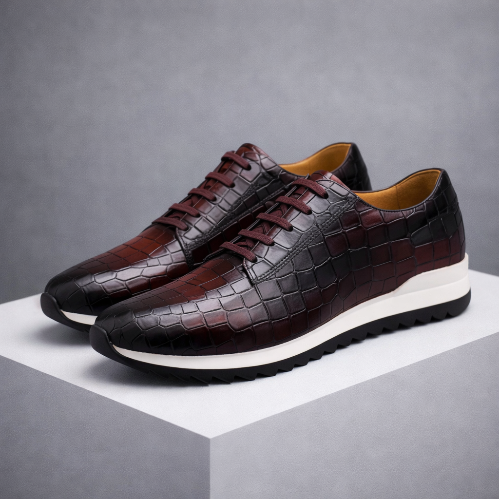Croc-Embossed Leather Lace-Up Dress Shoes for Men