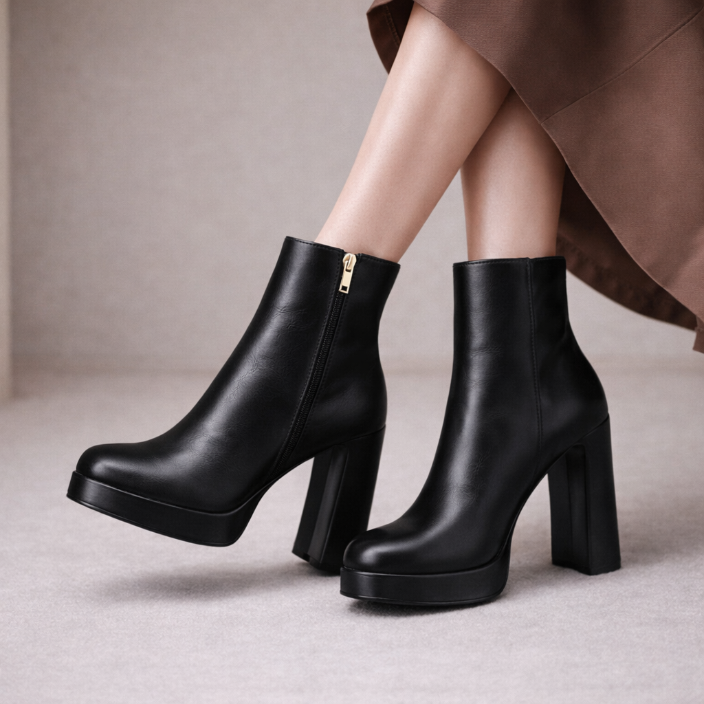 Platform Block Heel Leather Ankle Boots for Women