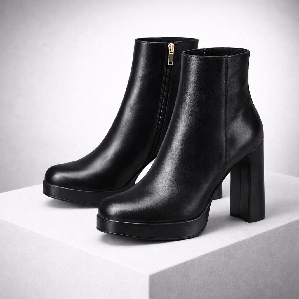 Platform Block Heel Leather Ankle Boots for Women