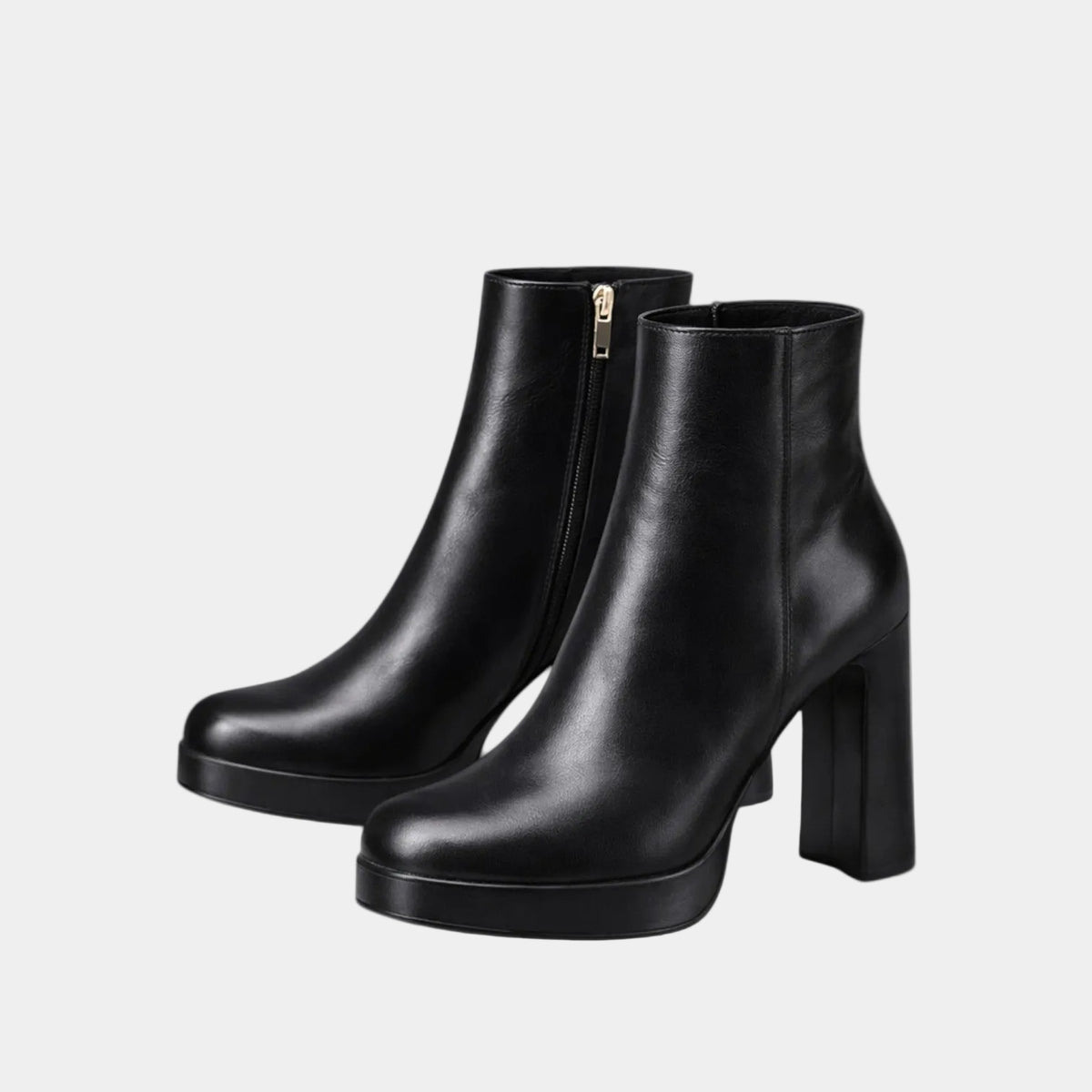 Platform Block Heel Leather Ankle Boots for Women - Black