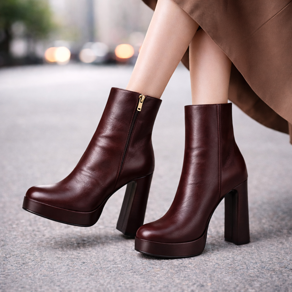 Platform Block Heel Leather Ankle Boots for Women