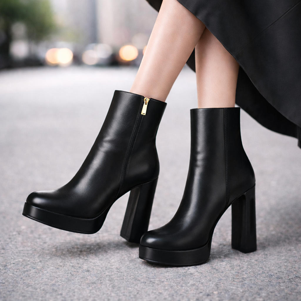 Platform Block Heel Leather Ankle Boots for Women