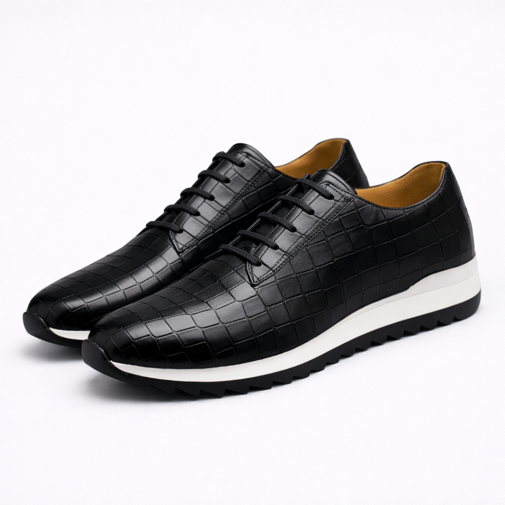 Croc-Embossed Leather Lace-Up Dress Shoes for Men - Black