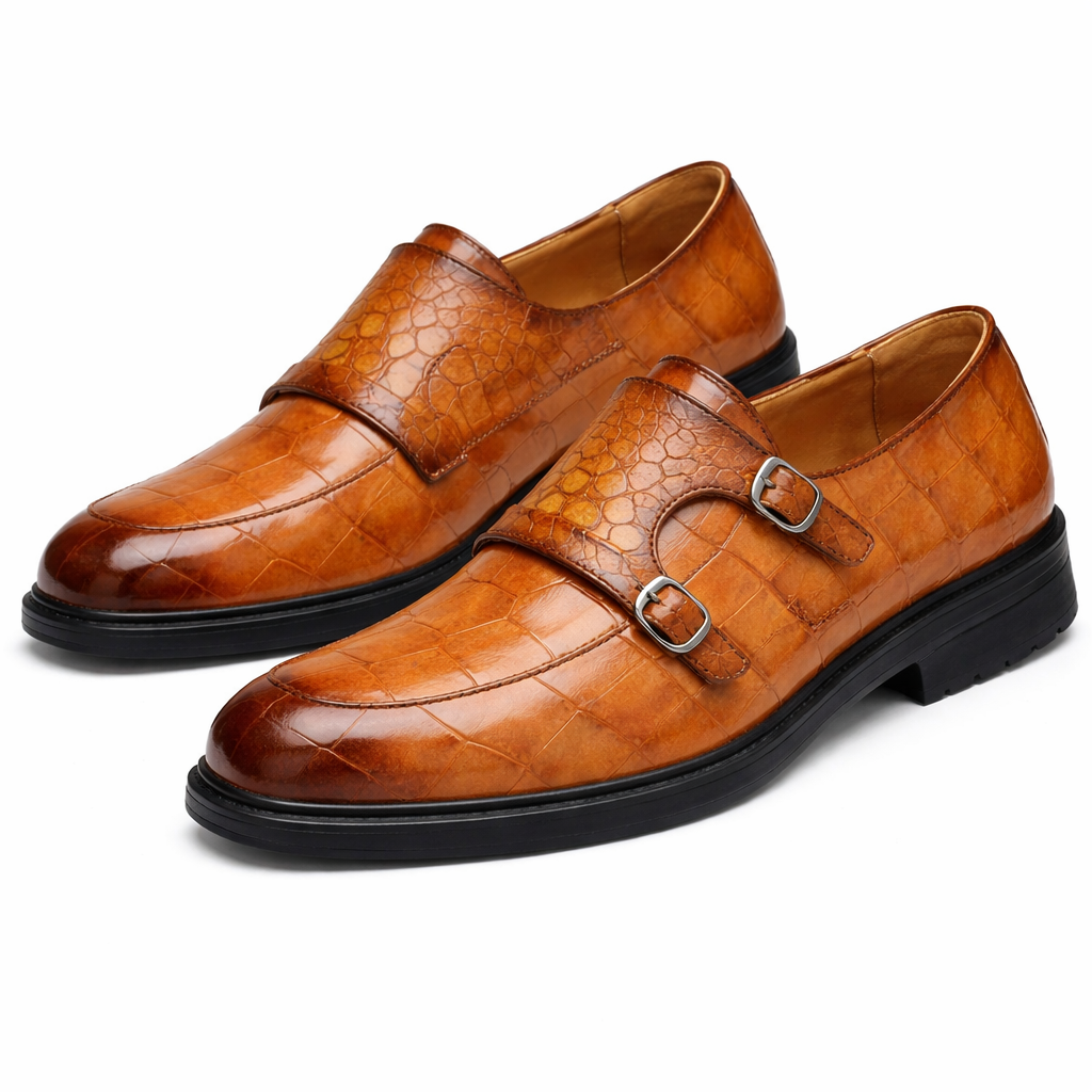 Savonti Double-Monk Strap Genuine Leather Shoes - Brown