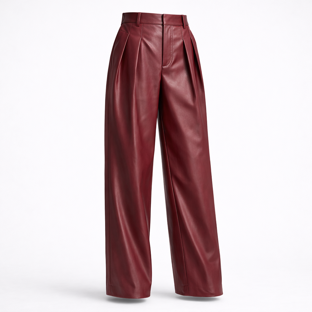 Wide-Leg Pleated Leather Pants for Women - Red
