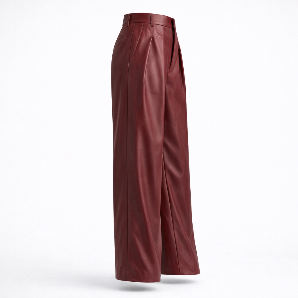 Wide-Leg Pleated Leather Pants for Women