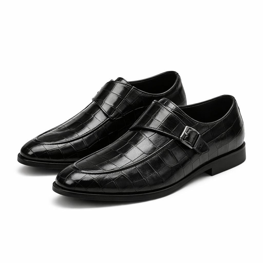 Montari Monk Strap Genuine Leather Shoes - Black