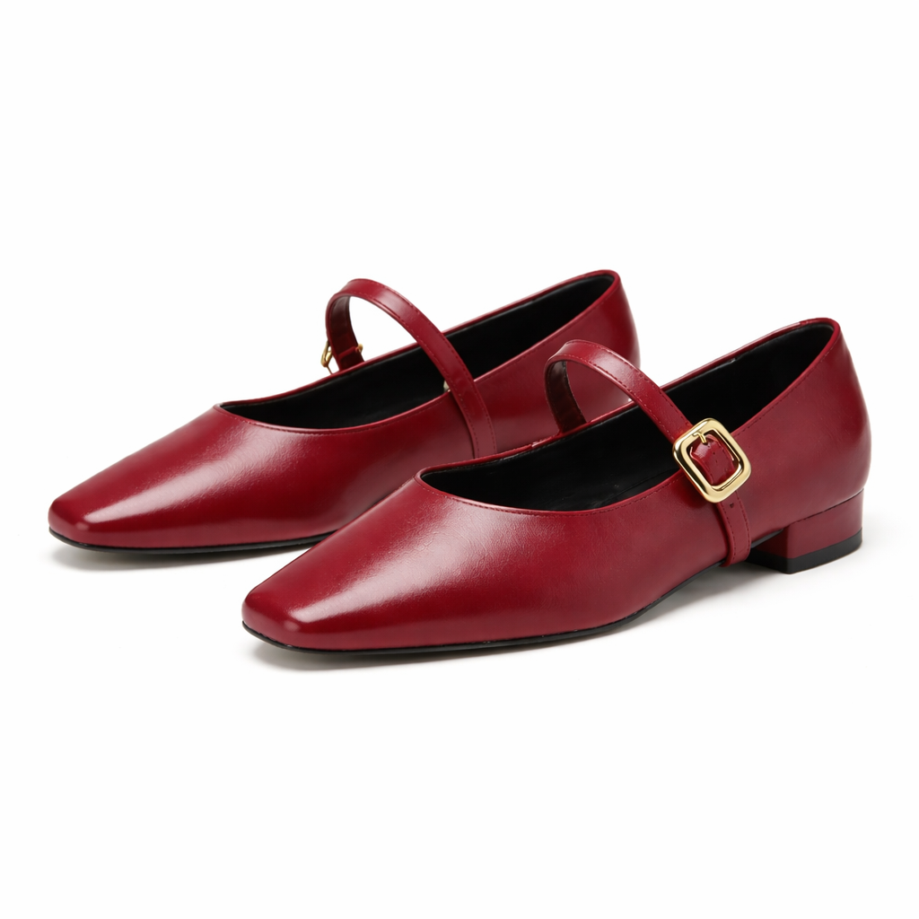 Savina Genuine Leather Low Block Heels - Red
