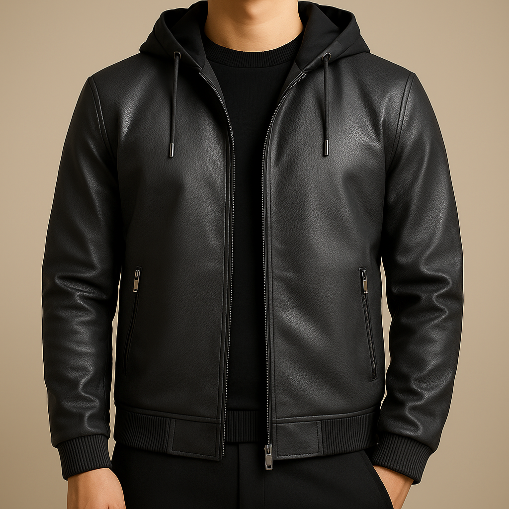 Kenley Leather Zip-Up Hooded Jacket - Black
