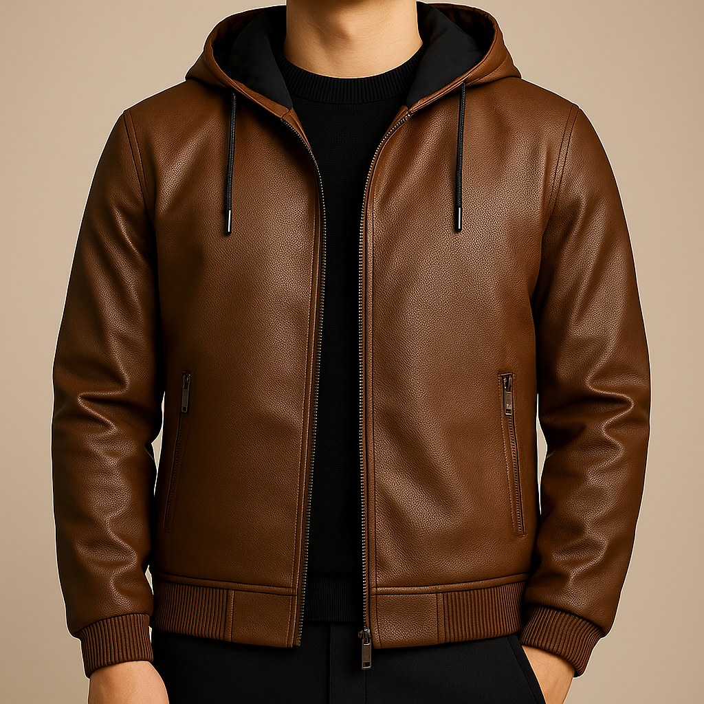 Kenley Leather Zip-Up Hooded Jacket - Brown