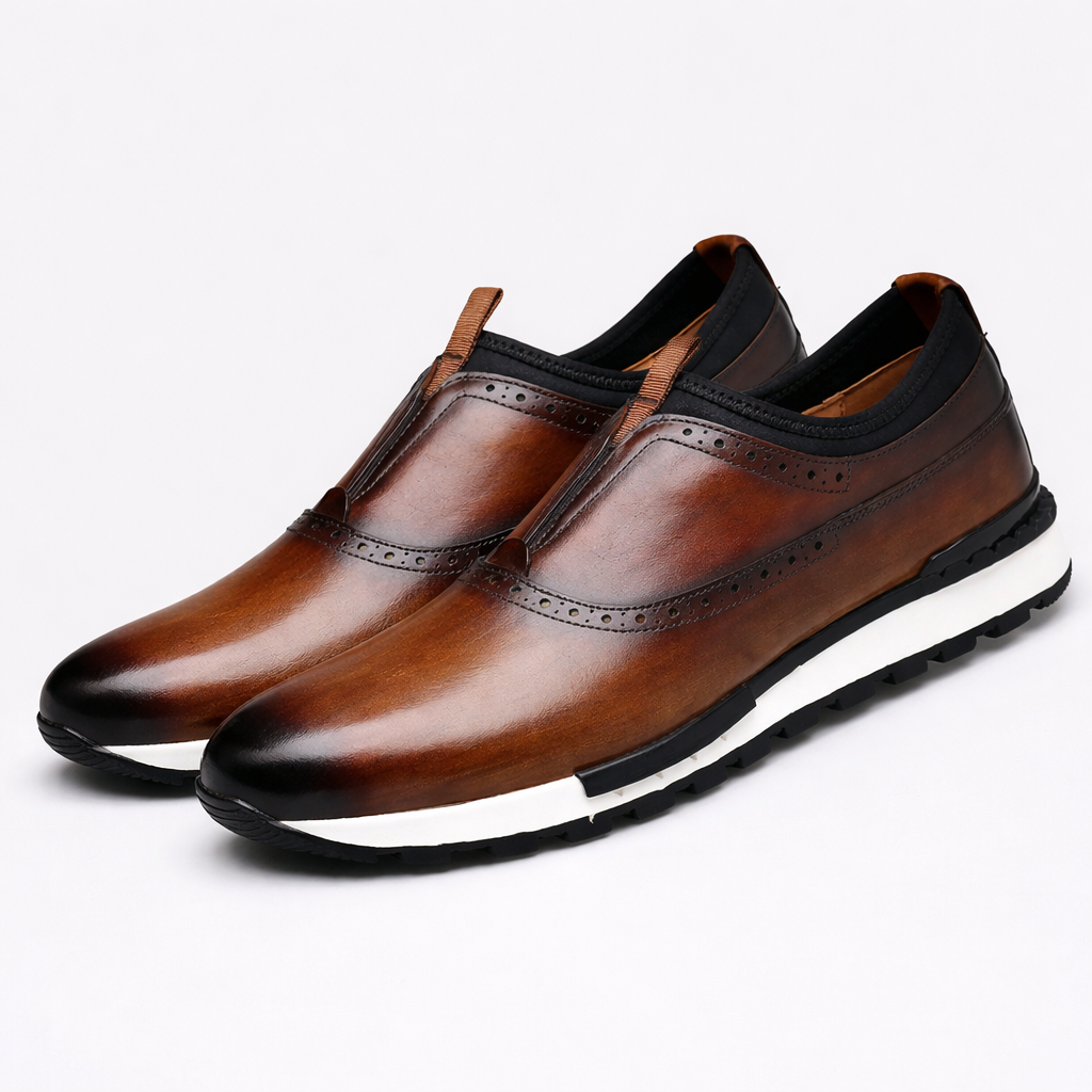 Slip-On Brogue Detail Leather Sneakers for Men - Brown