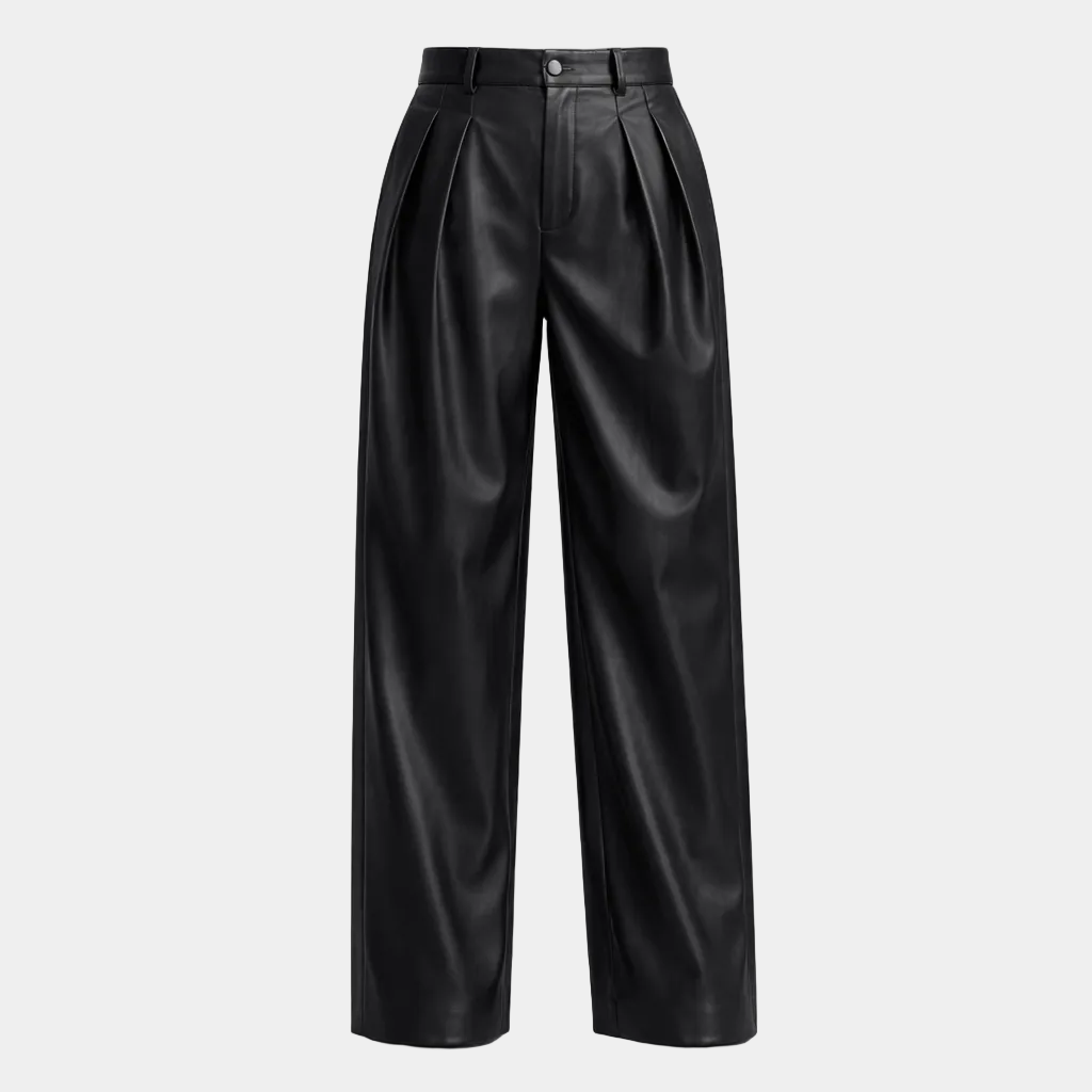 Wide-Leg Pleated Leather Pants for Women - Black