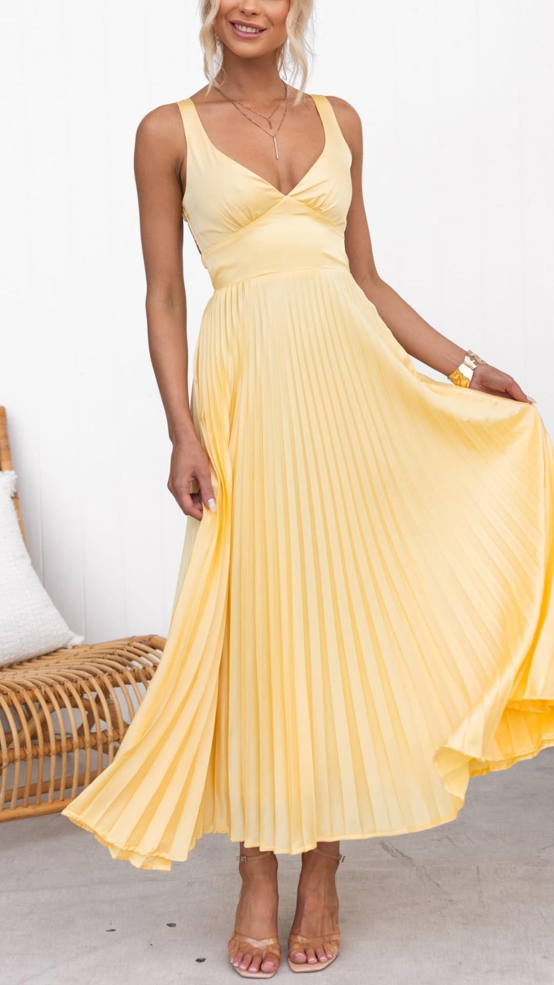 Pleated Maxi Dress – Women's Evening Dress - Yellow