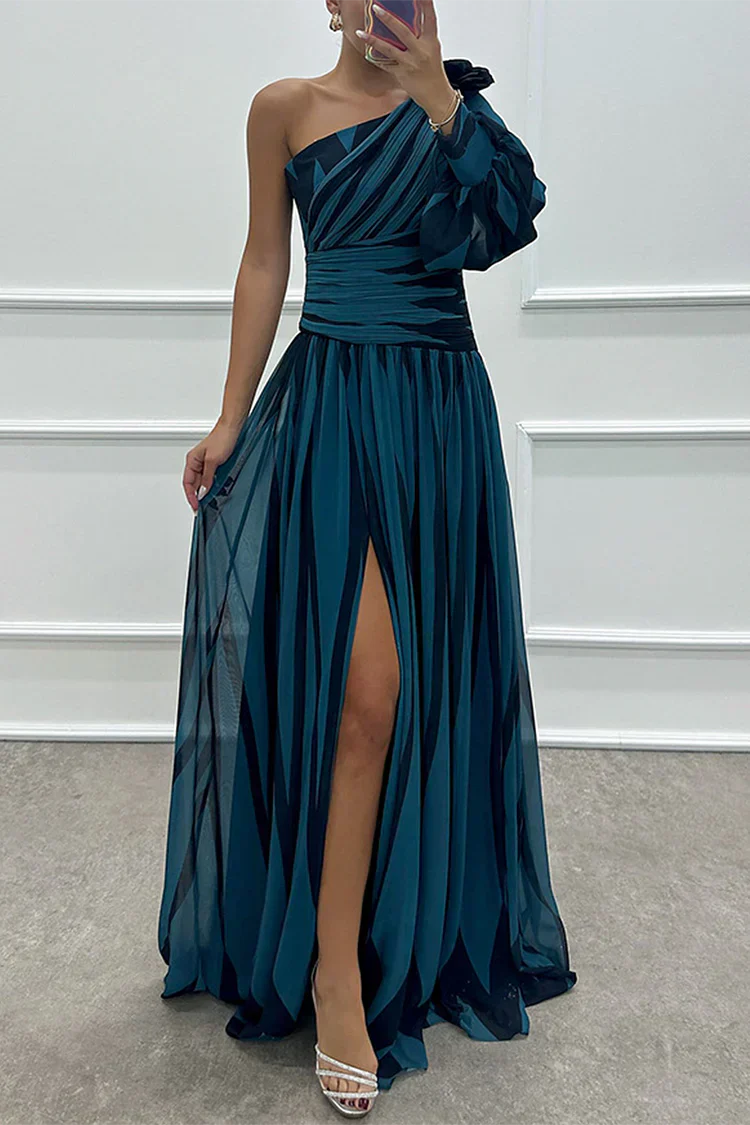 Striped One-Shoulder Maxi Dress – Women's Evening Dress - Navy Blue