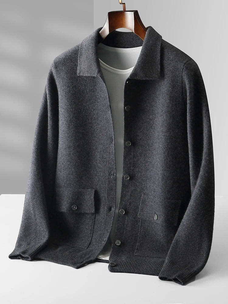 Calvaro Merino Wool Polo Cardigan Sweater - Dark Grey