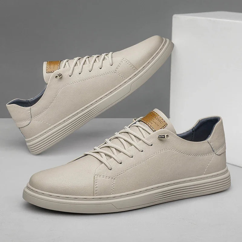 Men's Genuine Leather Low-Top Sneakers - Cream