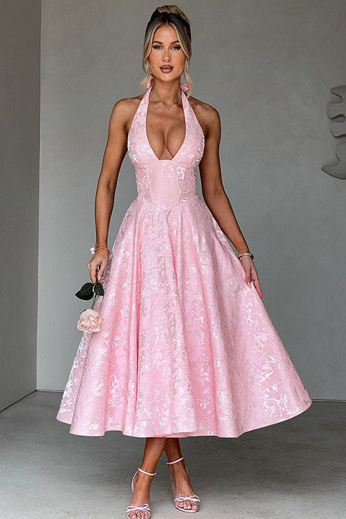 Jacquard Maxi Dress – Women's Wedding Guest Dress - Pink