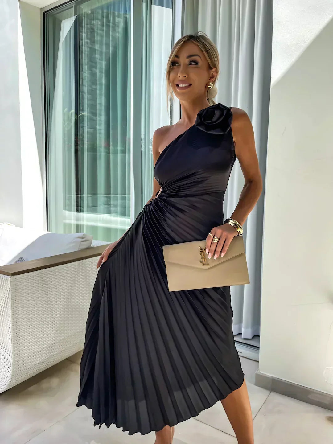Floral Midi Dress – Women's Party Dress - Black