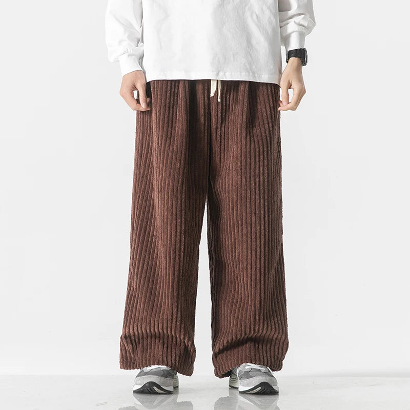 Wide-Leg Corduroy Drawstring Pants for Men - Coffee
