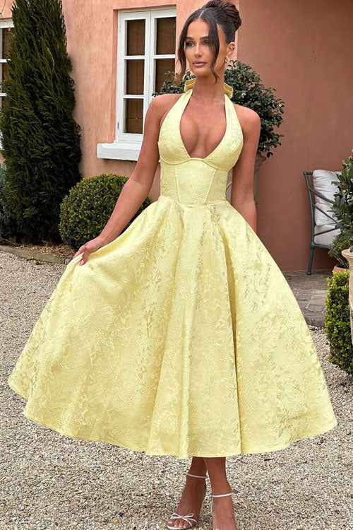 Jacquard Maxi Dress – Women's Wedding Guest Dress - Yellow