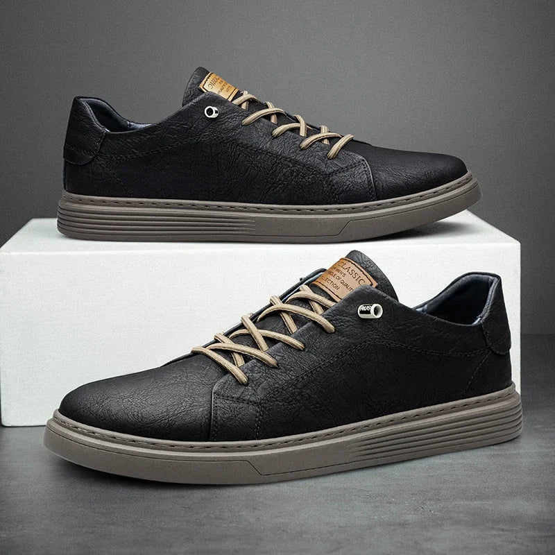 Men's Genuine Leather Low-Top Sneakers - Black