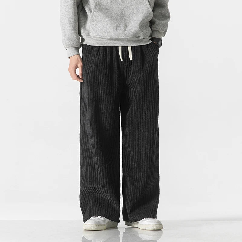 Wide-Leg Corduroy Drawstring Pants for Men - Black