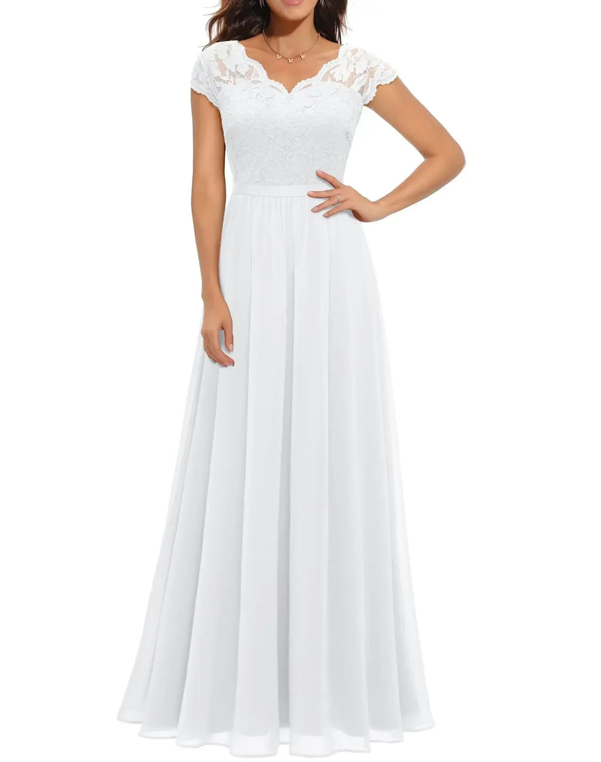 Lace Maxi Dress – Women's Evening Dress - White Short Sleeve