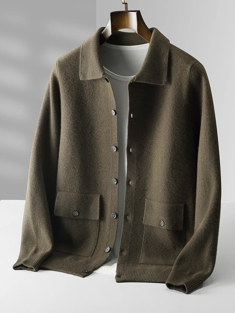 Calvaro Merino Wool Polo Cardigan Sweater - Green