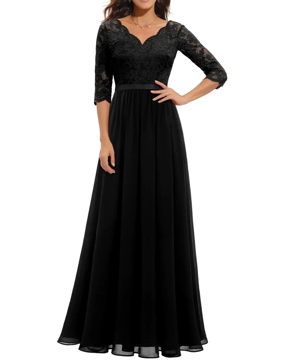 Lace Maxi Dress – Women's Evening Dress - Black Quarter Sleeve