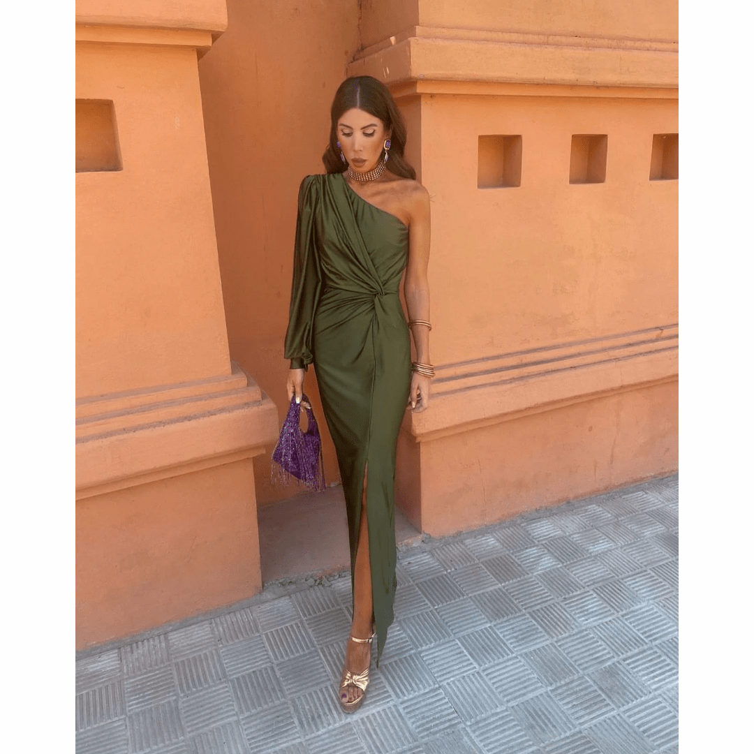 Ruched Midi Dress – Women's Evening Dress - Olive Green