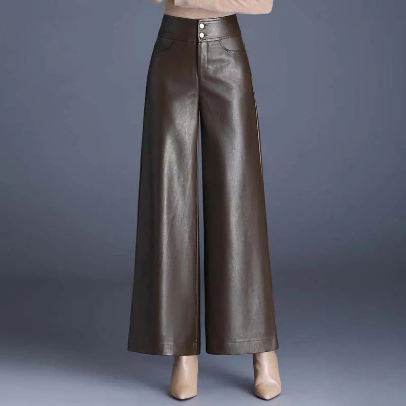 Sylvana Vegan Leather Wide-Leg Pants - Coffee
