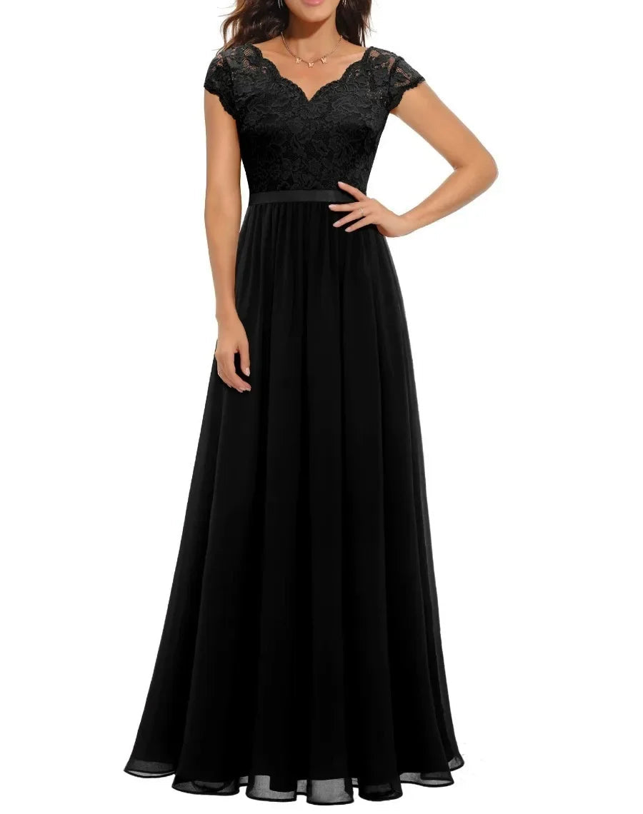 Lace Maxi Dress – Women's Evening Dress - Black Short Sleeve