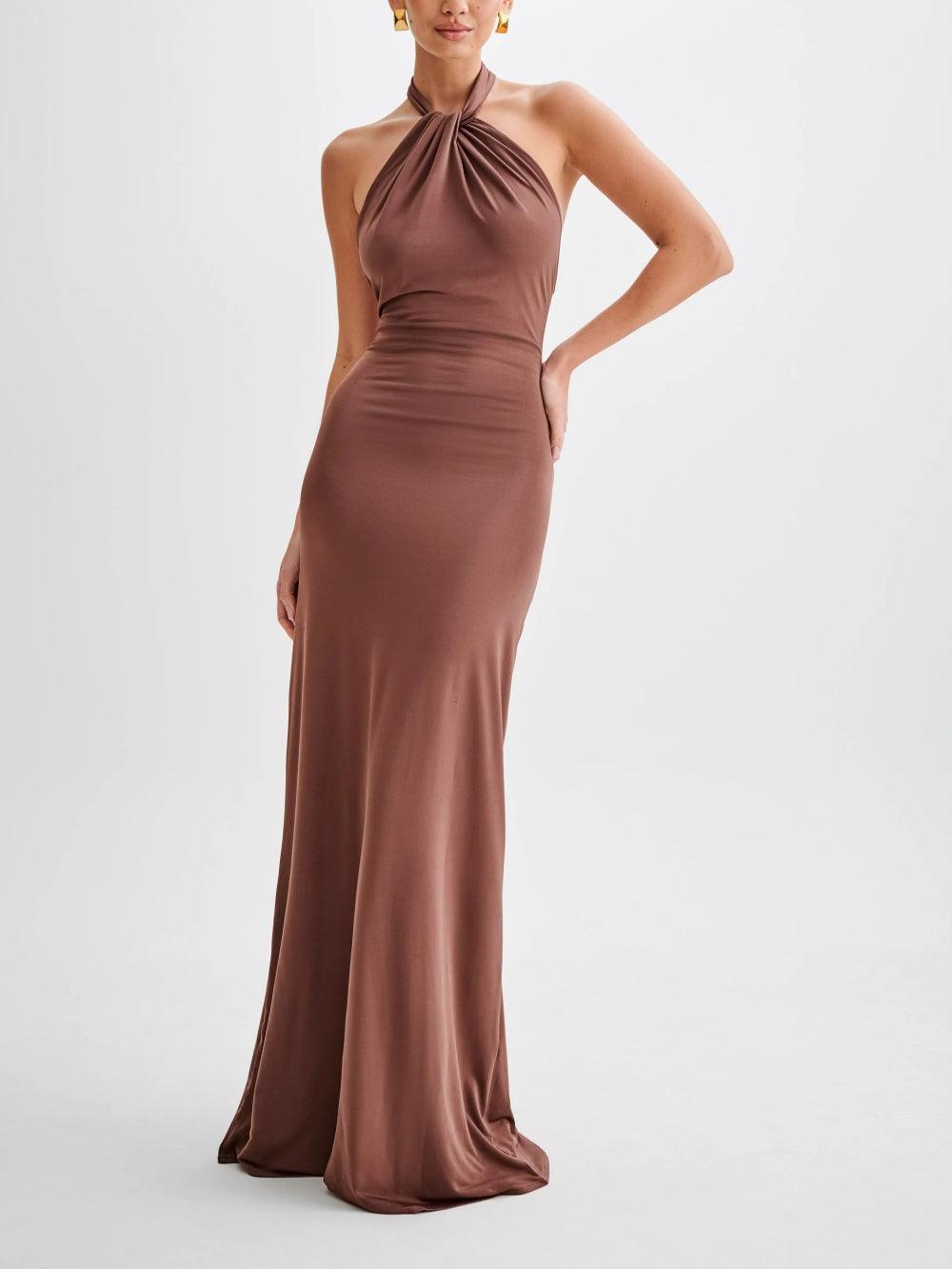 Halter Maxi Dress – Women's Evening Dress - Brown