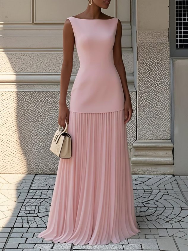 Pleated Maxi Dress – Women's Evening Dress - Pink