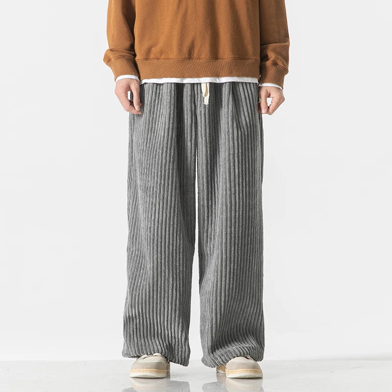 Wide-Leg Corduroy Drawstring Pants for Men - Dark Grey