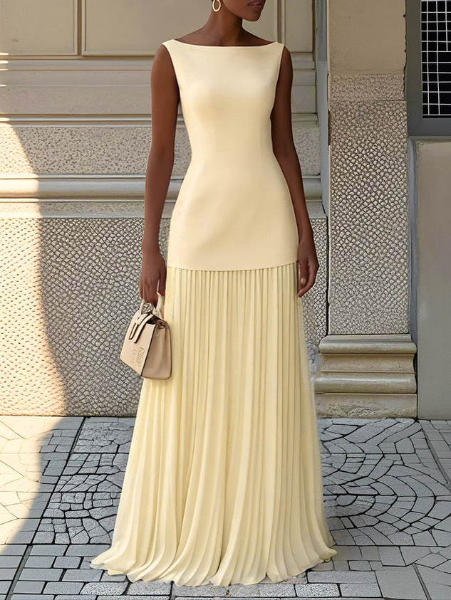 Pleated Maxi Dress – Women's Evening Dress - Light Yellow