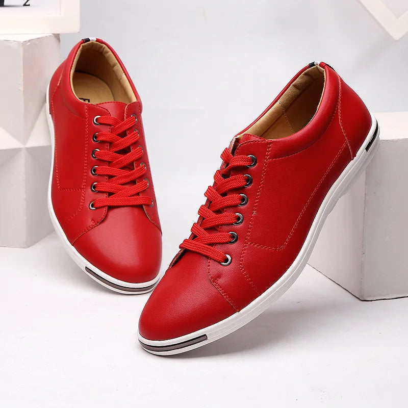 Men's Genuine Leather Low-Top Sneakers - Red