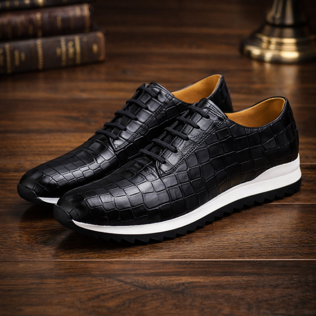 Croc-Embossed Leather Lace-Up Dress Shoes for Men