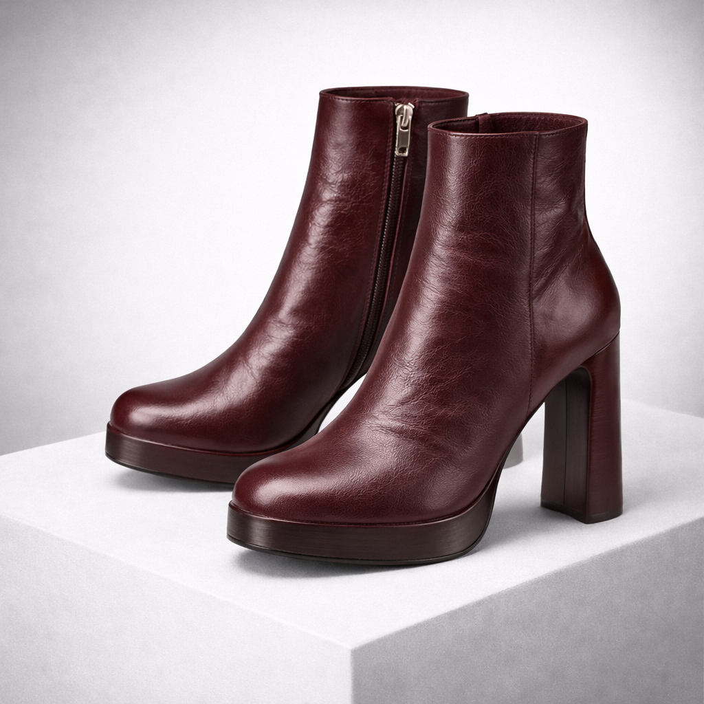 Platform Block Heel Leather Ankle Boots for Women