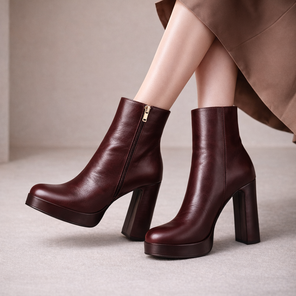 Platform Block Heel Leather Ankle Boots for Women
