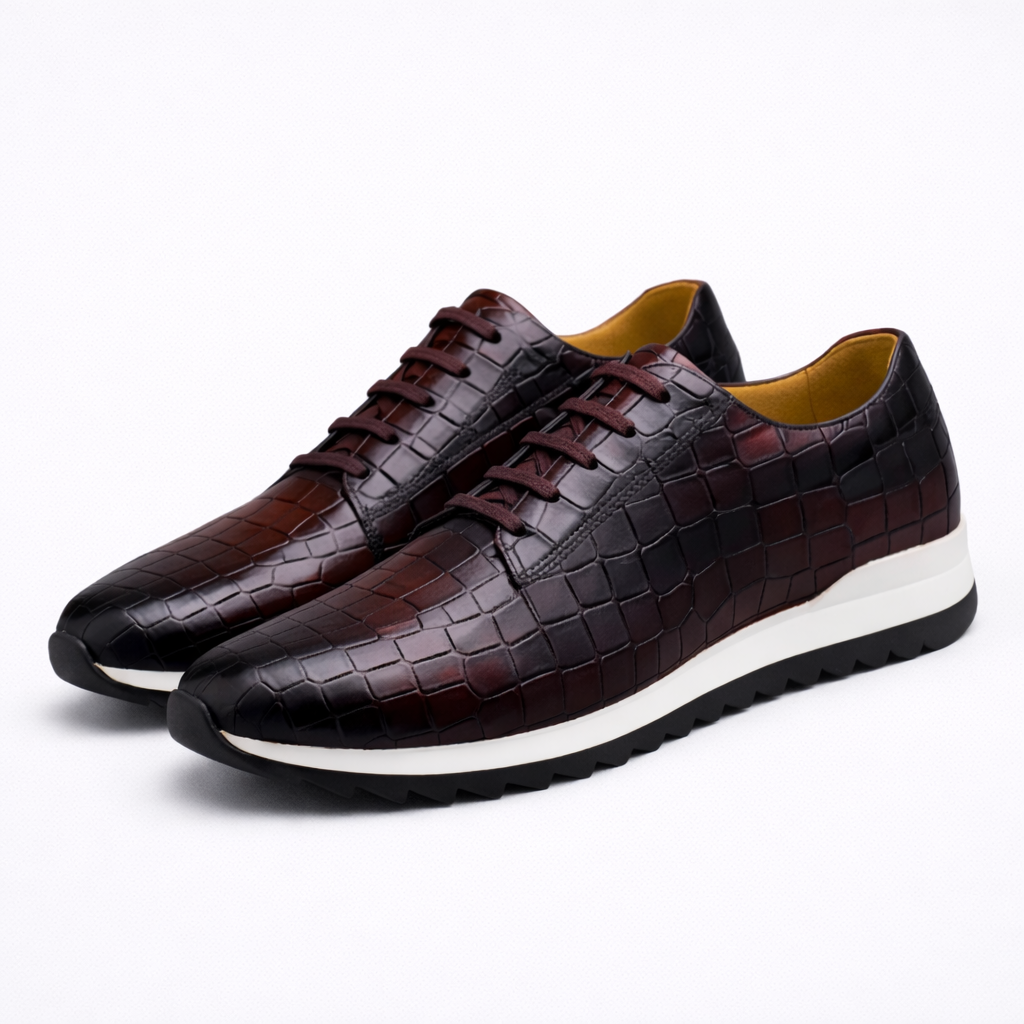 Croc-Embossed Leather Lace-Up Dress Shoes for Men - Red