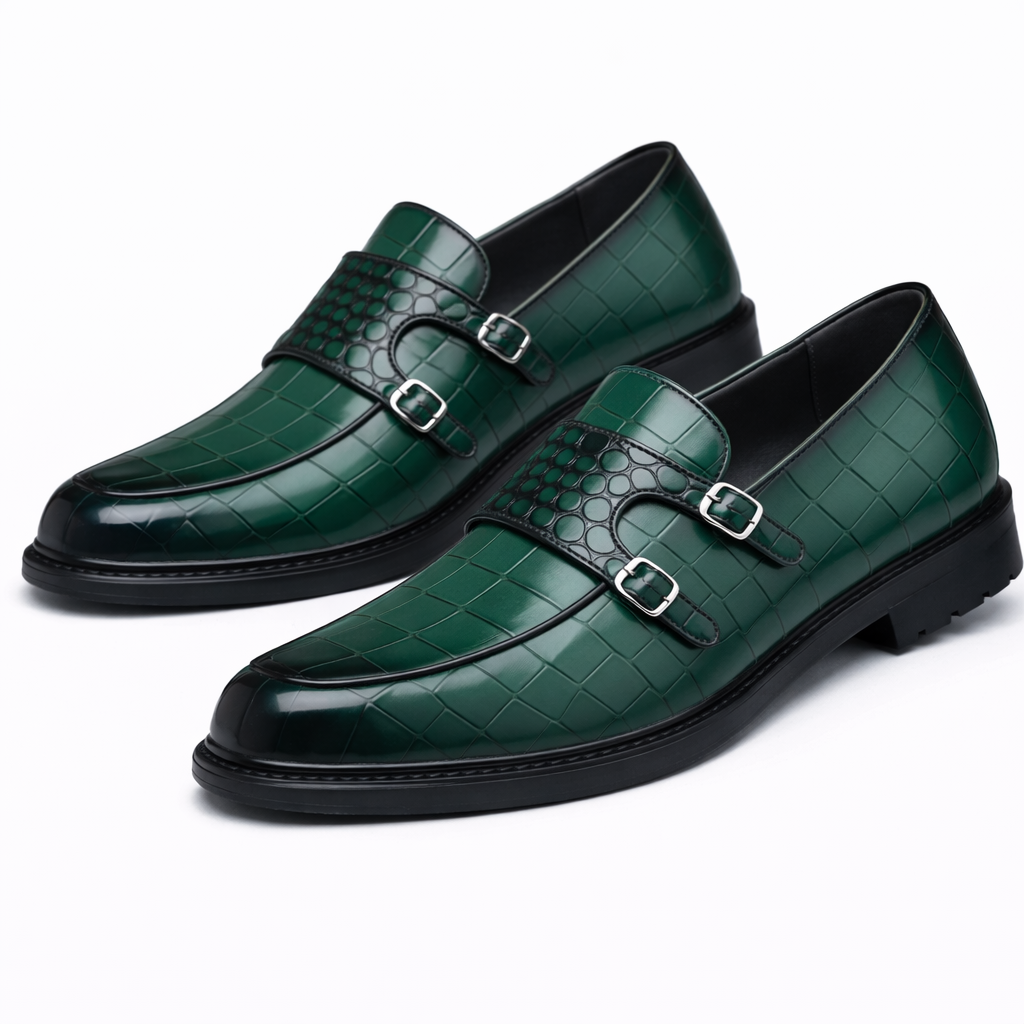 Savonti Double-Monk Strap Genuine Leather Shoes - Green