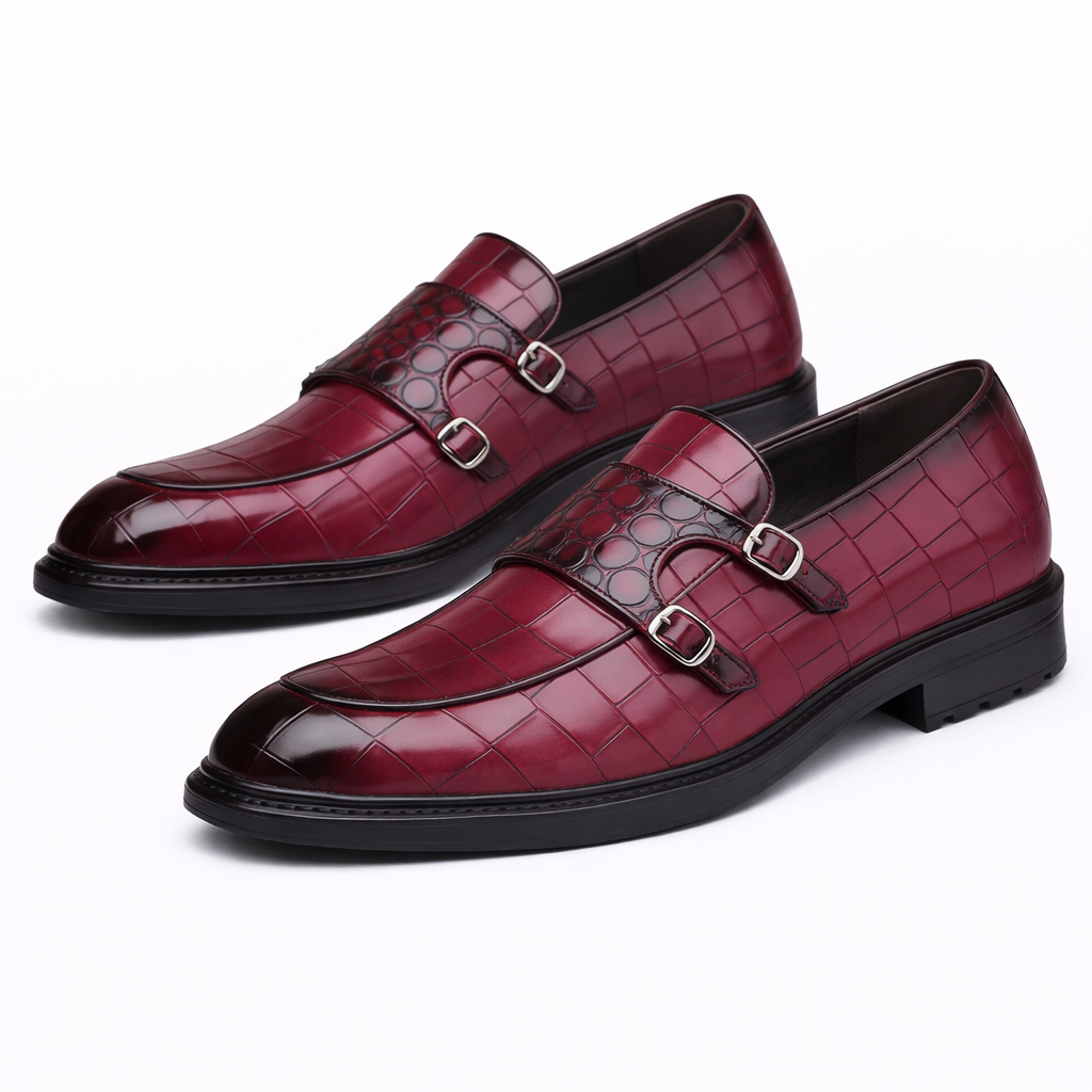 Savonti Double-Monk Strap Genuine Leather Shoes - Red
