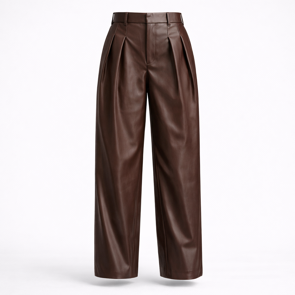 Wide-Leg Pleated Leather Pants for Women - Brown
