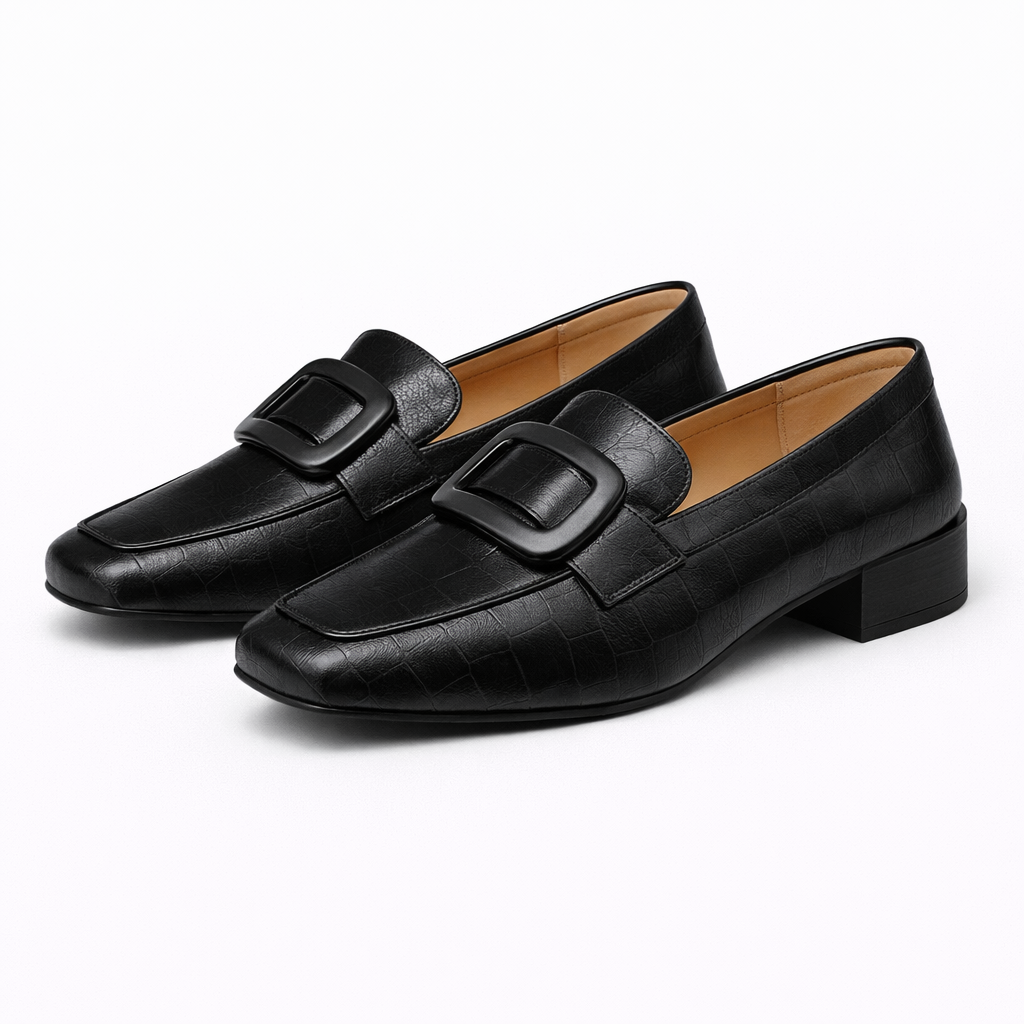 Savina Genuine Leather Low Heel Loafers - Black