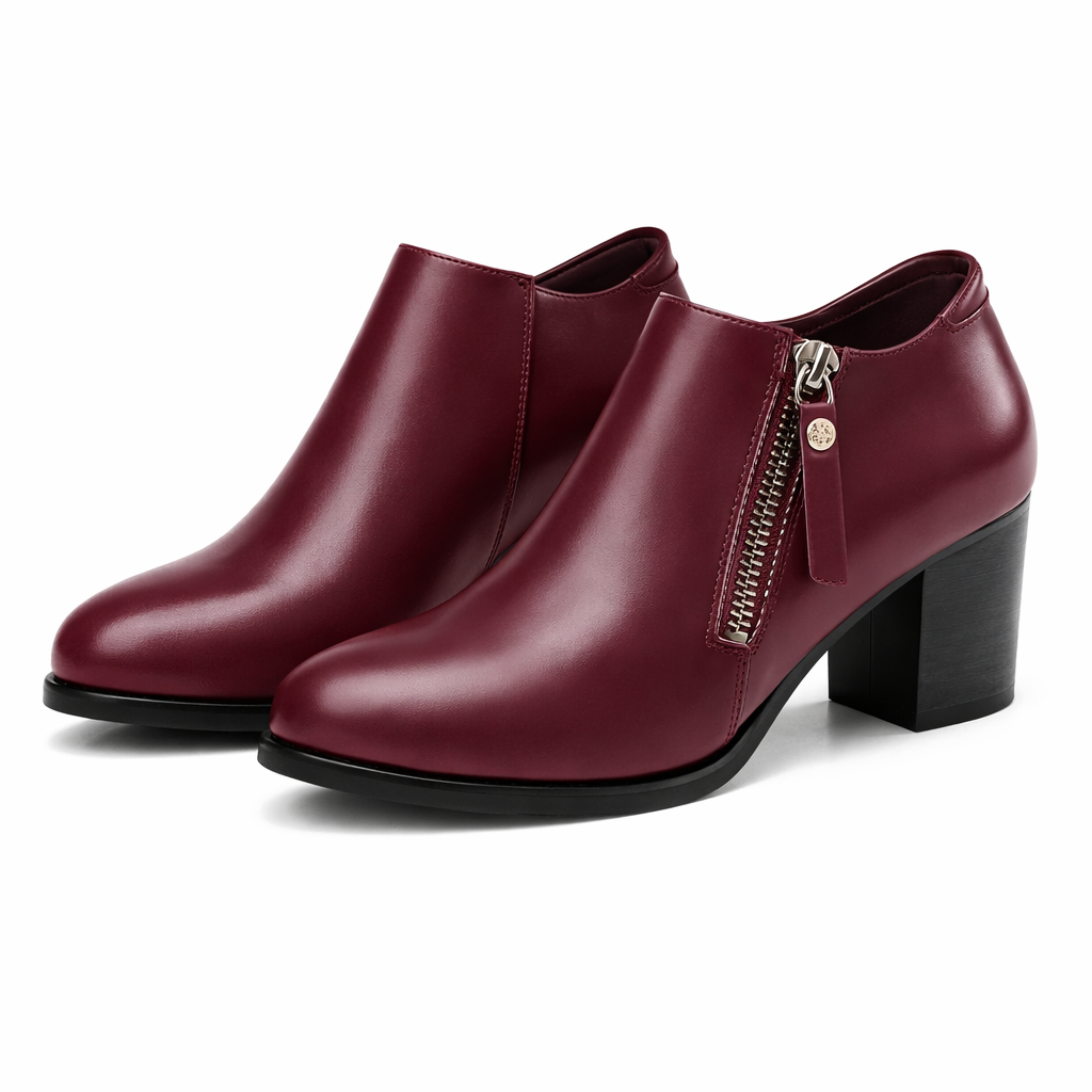 Savina Genuine Leather Zip Heels - Red