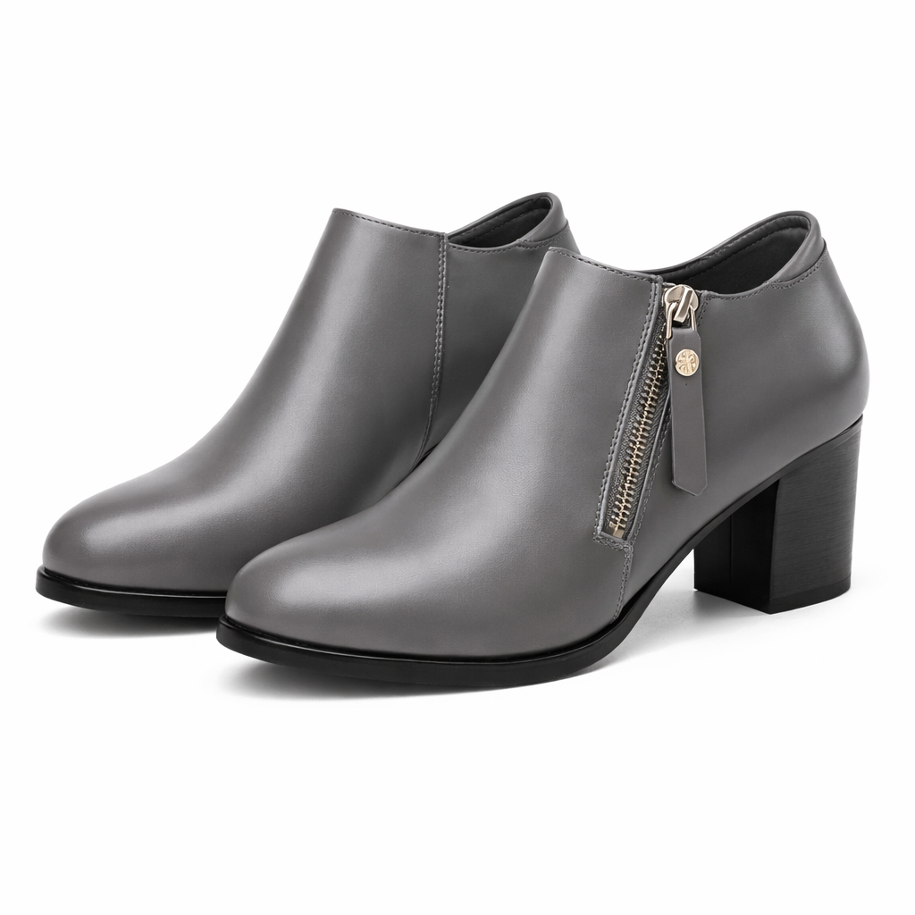Savina Genuine Leather Zip Heels - Gray