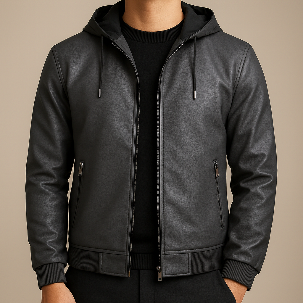 Kenley Leather Zip-Up Hooded Jacket - Gray