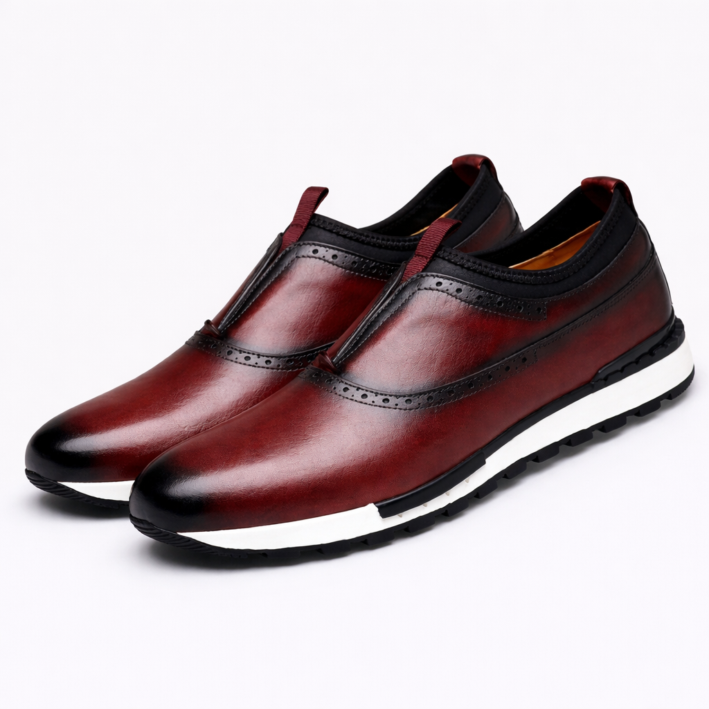 Slip-On Brogue Detail Leather Sneakers for Men - Red