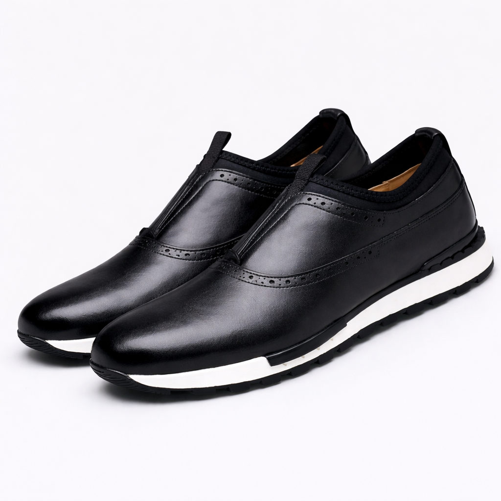 Slip-On Brogue Detail Leather Sneakers for Men - Black